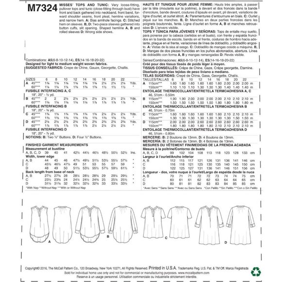 Misses Tops & Tunic Sewing Pattern McCalls M7324 Sizes A5 6-14 - Picture 2 of 7
